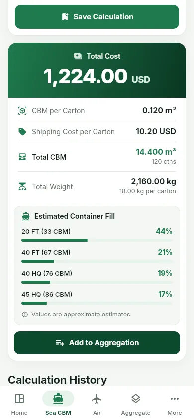 MYCBM sea freight CBM calculator showing total CBM, shipping cost and container fill