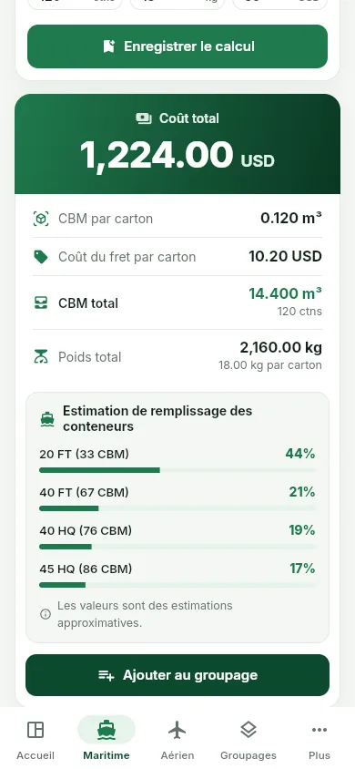 Calculateur CBM de fret maritime MYCBM affichant le volume total, le coût et le remplissage du conteneur